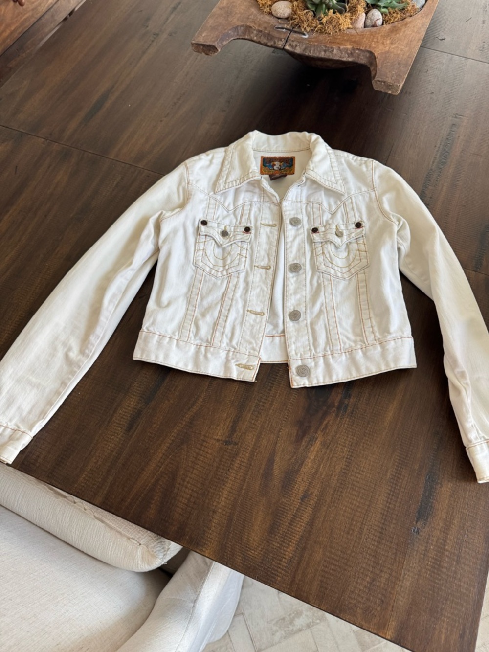 True Religion White Women's Denim Jacket with Signature Stitching